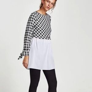Zara Gingham Poplin Checkered Black & White Tunic Short Dress Top, Size XS